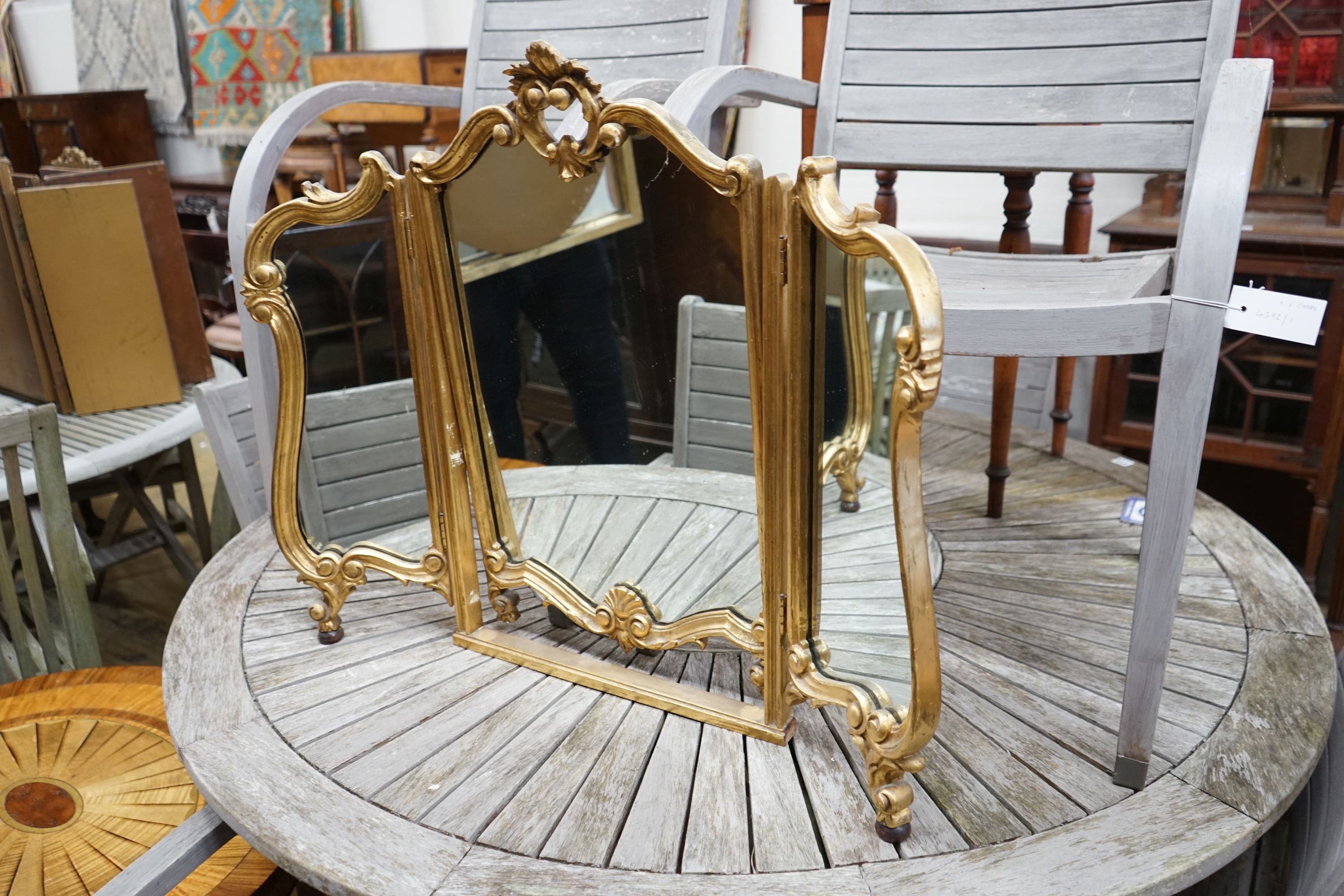 Two gilt framed triple dressing table mirrors, larger height 70cm